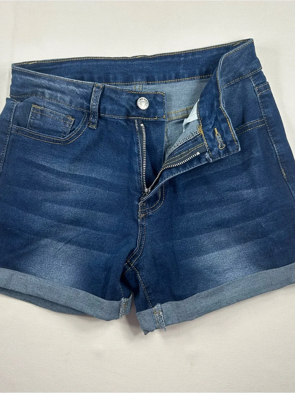 Women's Mid-Rise Dark Blue Denim Roll-Cuff Jean Shorts